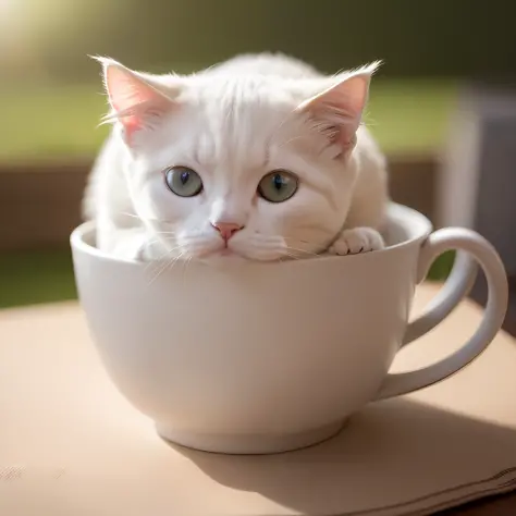 white kitty, (Himalayan), (Small)))), in a teacup, Face, Front paws out, 8K, Professional photo, Delicate, Clear, On the table, Inside the house, Sunshine, Light Leak, Masterpiece, ((Pretty))), Fashionable Teacup, (Reality), Plush Toy, Round Pupils