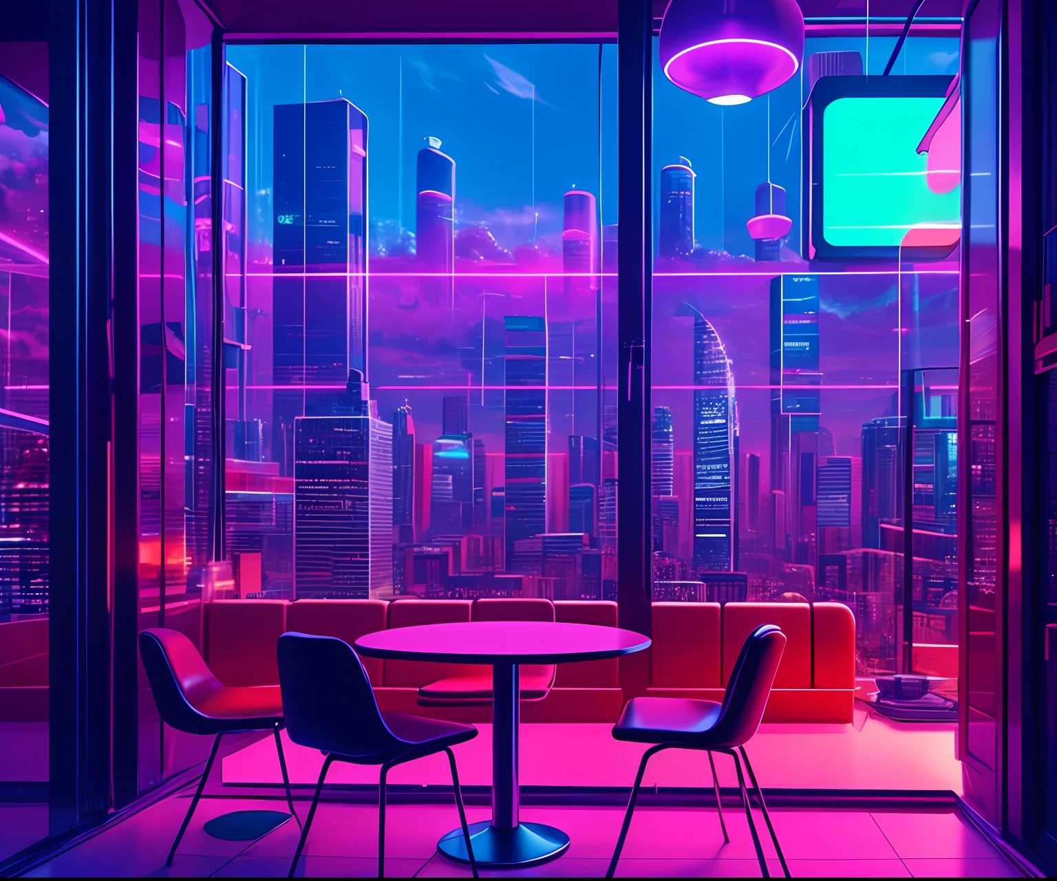 ((masterpiece)), (ultra-detailed), (intricate details), (8k high-resolution CGI art), Create an image of a small cyberpunk (coffee shop) retro-futuristic and realistic vaporwave overnight. One of the walls should feature a large window with a bustling, colorful and detailed cityscape (cyberpunk), synthwave, neon. The city should have a futuristic style with many colors, neon lights, signs and buildings of different sizes. The cityscape should be extremely detailed with depth of field. The city should have a lot of visual interest with lots of small details. Use atmospheric lighting and ambience to create depth and evoke the feeling of a bustling futuristic city outside the window. Pay close attention to details like intricate, rental eyes, and '90s bedroom details. Camera: cafeteria showing table and window. The window should be the focal point of the image. Lighting: Use atmospheric and volumetric lighting to enhance the details of the cityscape. The cafeteria should be illuminated by the neon lights of the urban landscape.