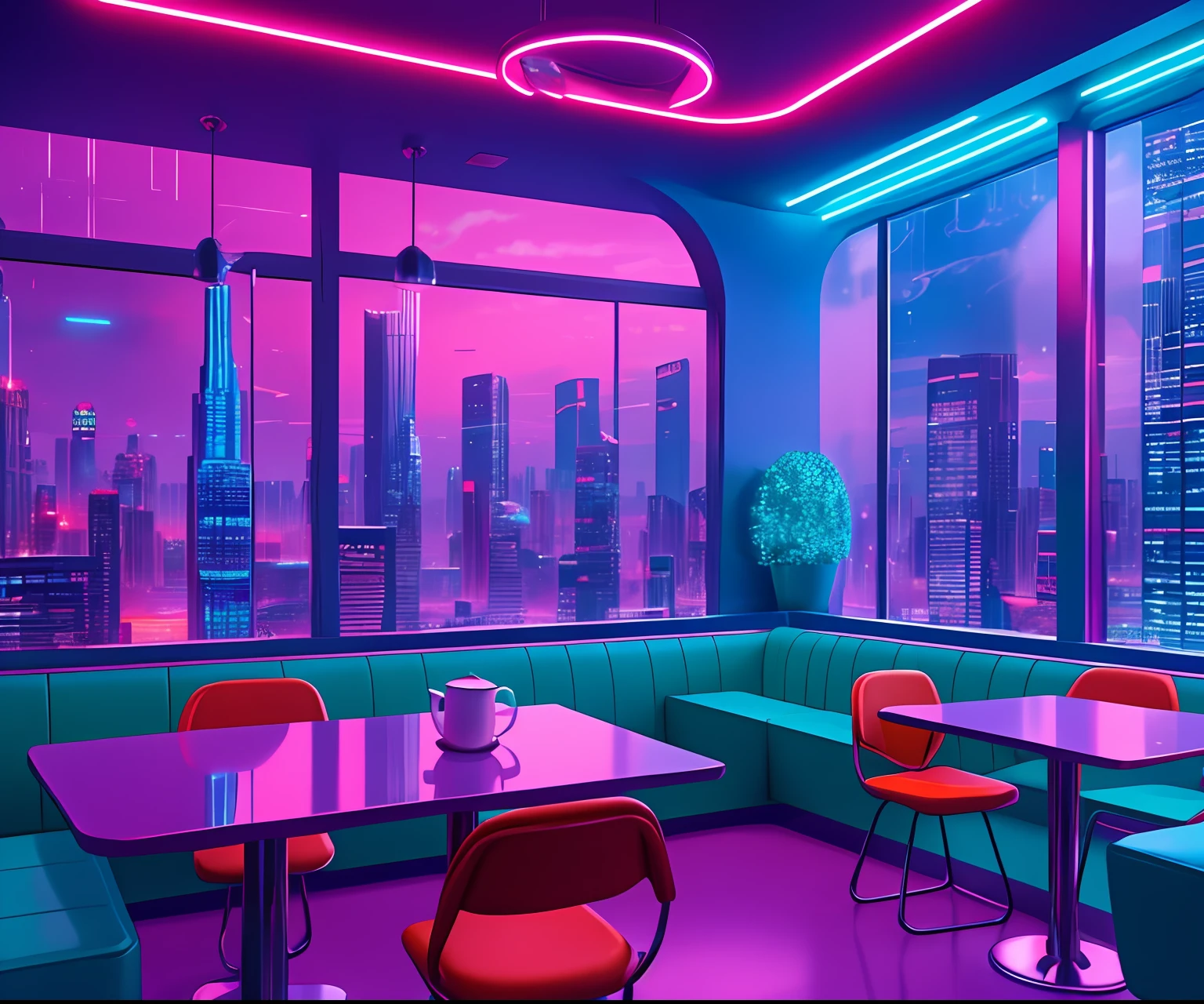 ((Meisterwerk)), (ultra-detailliert), (komplizierte Details), (8k hochauflösende CGI-Kunst), Create an image of a small cyberpunk (Café) retro-futuristischer und realistischer Vaporwave über Nacht. Eine der Wände sollte ein großes Fenster mit einem belebten, farbenfrohes und detailliertes Stadtbild (cyberpunk), Synthwave, Neon. Die Stadt soll einen futuristischen Stil mit vielen Farben haben, Neon lights, Schilder und Gebäude in verschiedenen Größen. Das Stadtbild sollte extrem detailliert sein und eine Tiefenschärfe aufweisen. Die Stadt sollte optisch sehr interessant sein und viele kleine Details aufweisen. Verwenden Sie stimmungsvolle Beleuchtung und Ambiente, um Tiefe zu erzeugen und das Gefühl einer geschäftigen futuristischen Stadt vor dem Fenster hervorzurufen. Achten Sie besonders auf Details wie komplizierte, miete augen, und Schlafzimmerdetails im 90er-Stil. Kamera: Cafeteria mit Tisch und Fenster. Das Fenster sollte der Mittelpunkt des Bildes sein. Beleuchtung: Verwenden Sie atmosphärische und volumetrische Beleuchtung, um die Details der Stadtlandschaft hervorzuheben. The cafeteria should be illuminated by the Neon lights of the urban landscape.