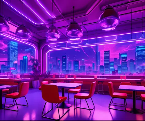 ((masterpiece)), (ultra-detailed), (intricate details), (8k high-resolution CGI art), Create an image of a small cyberpunk (coffee shop) retro-futuristic and realistic vaporwave overnight. One of the walls should feature a large window with a bustling, col...