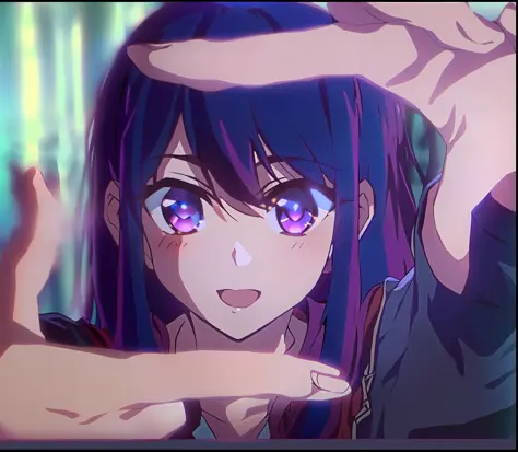 a woman with purple hair and blue eyes making a gesture, with index finger, anime best girl, misato katsuragi, in an anime, as a...