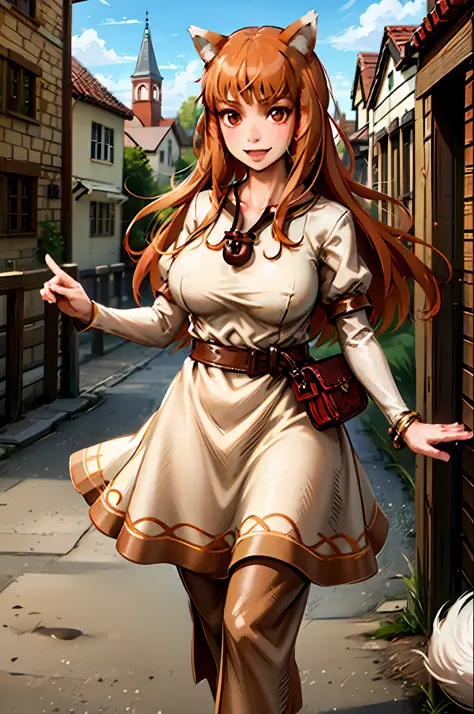 (holo:1.5), (holoBrownDress:1.5), masterpiece, best quality, absurdres, 1girl, looking at viewer, standing, cowboy shot, outdoor...