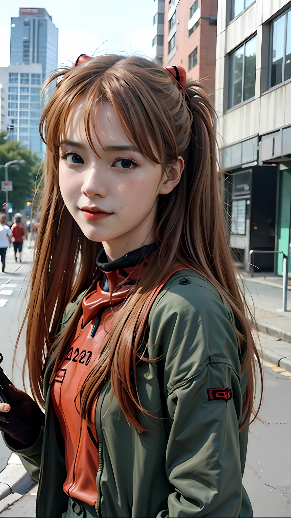 Evangelion de Asuka Langley, una mujer deslumbrante, usando con confianza su teléfono en una vibrante calle de la ciudad con ropa moderna.