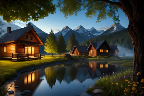 HDR, photorealism, masterpiece quality, best quality, mountains, pond, firefly, dark night, a wooden house, fog