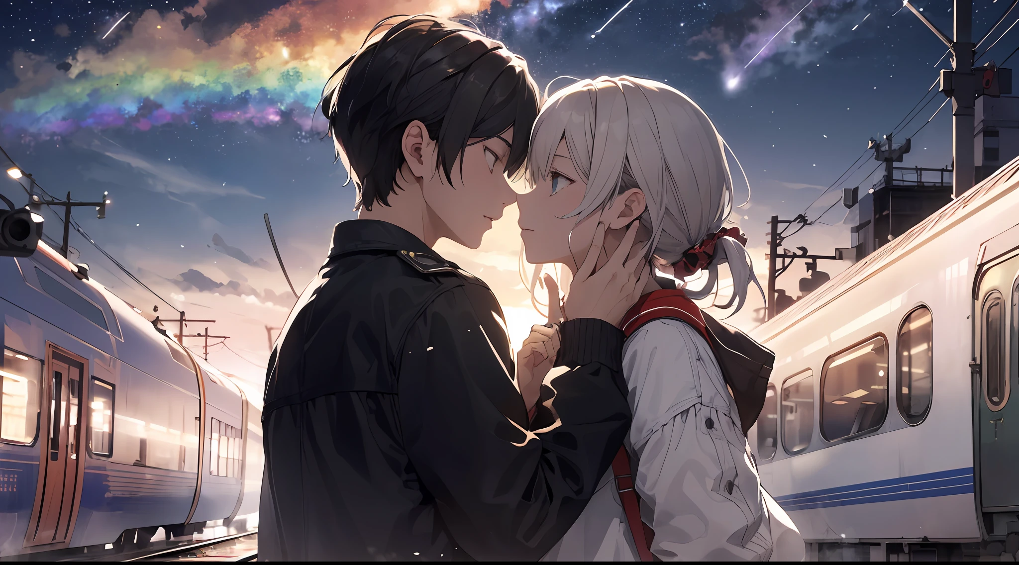 Anime couple kissing in front of a train at night - SeaArt AI