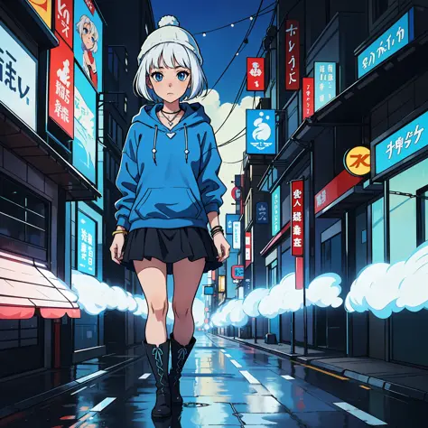 anime girl with short white hair wearing a white beanie, wearing a blue necklace, blue eyes, wearing a blue hoodie, wears a shor...