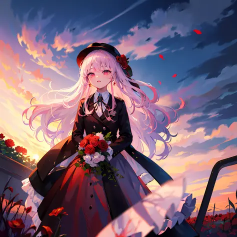 ((masterpiece, best quality)), 1girl, flower, solo, dress, holding, sky, cloud, hat, outdoors, bairs, bouquet, rose, expressivel...