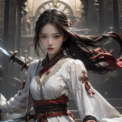 masterpiece, best quality, photorealistic ,1girl, holding sword,