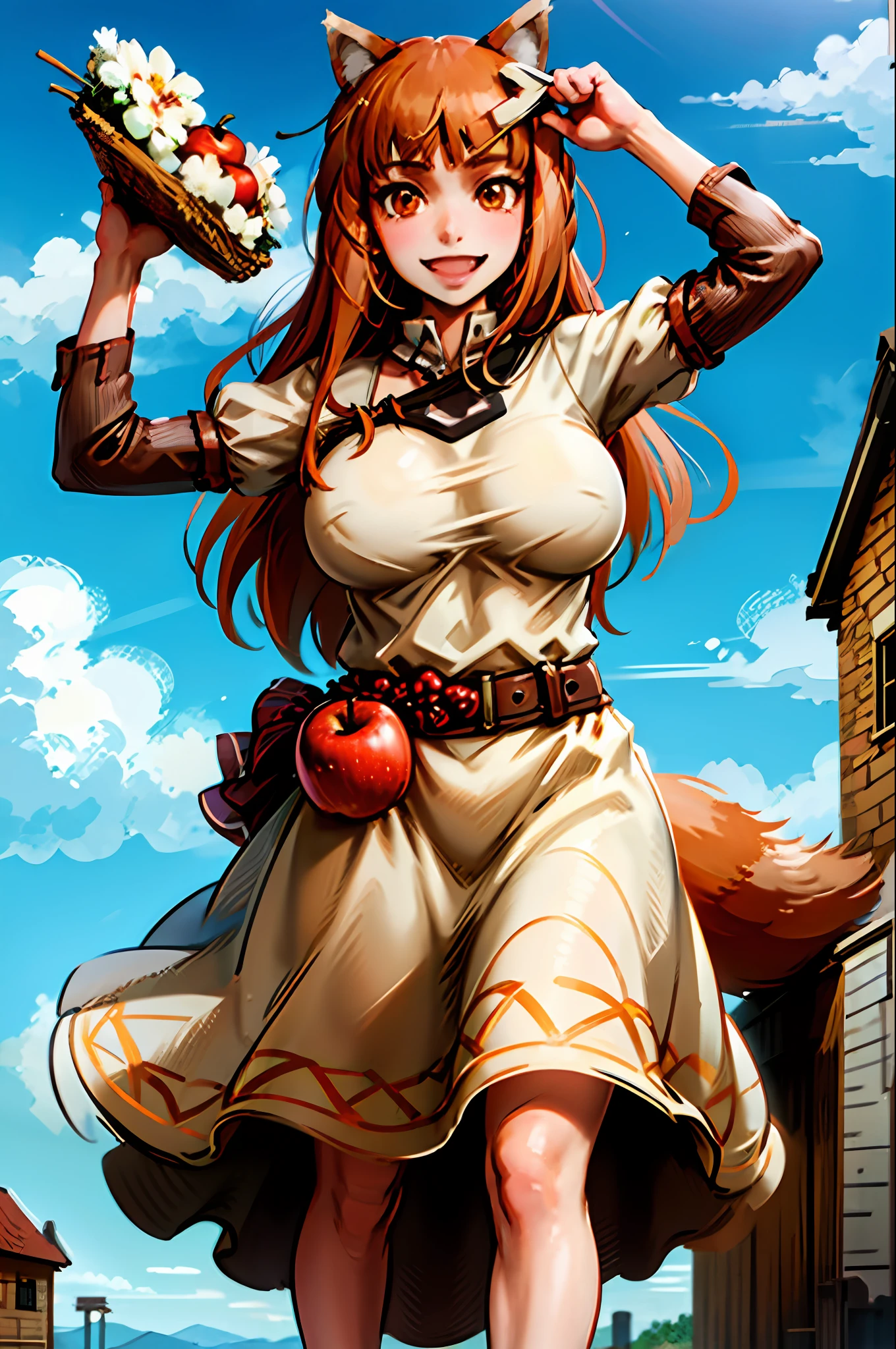 (holo:1.5), (holoBrownDress:1.5), masterpiece, best quality, absurdres, 1girl, looking at viewer, standing, cowboy shot, outdoors, medieval, cobblestone street, town, pouch, sash, smile, fruit, apple, basket,huge breast, curvy