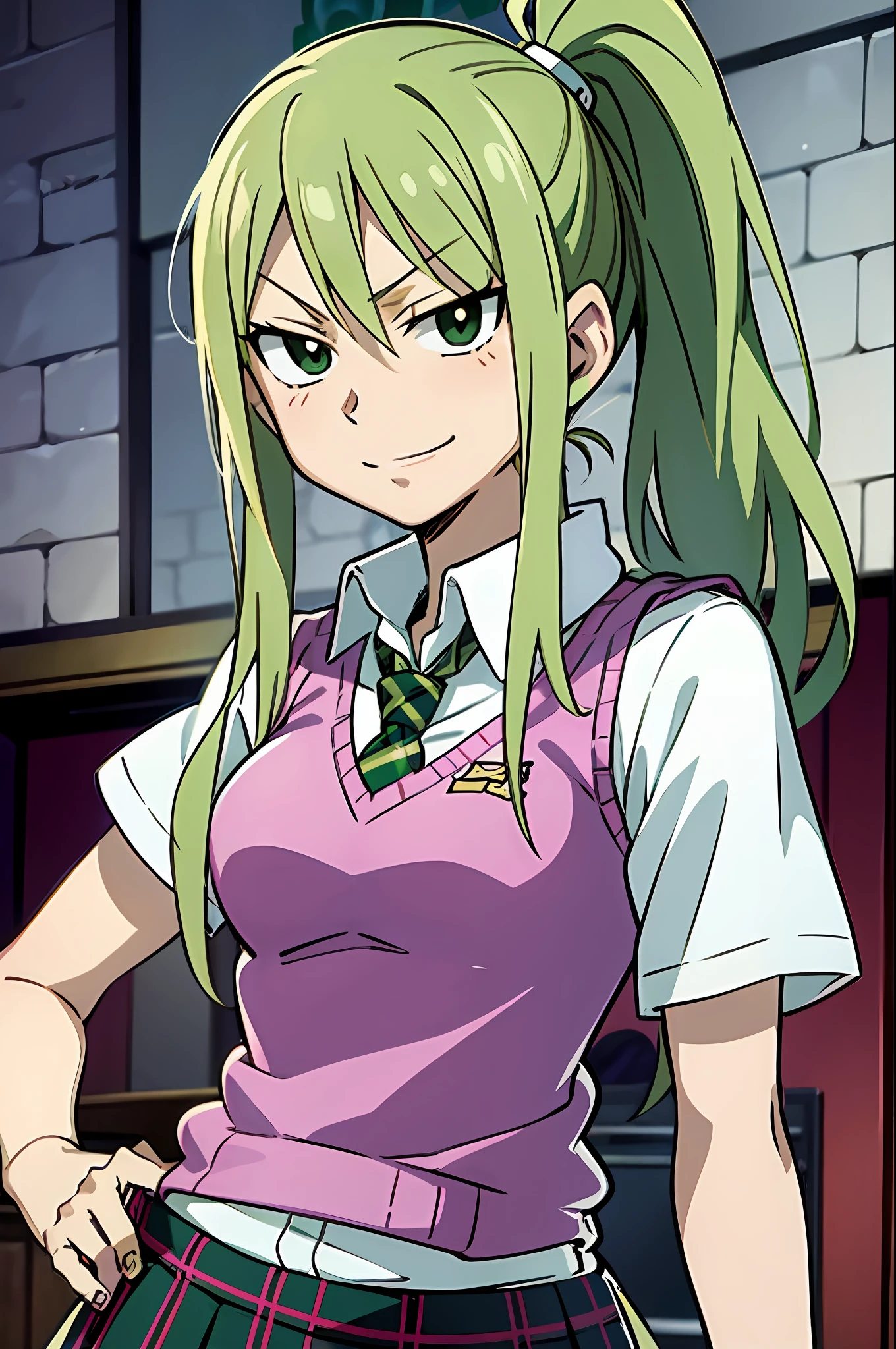 light smile, Schoolgirl attire, white blouse with yellow sweater vest, green striped tie, red plaid skirt, green eyes and ashy hair in a twin ponytail, (style of soul eater and fairy tail anime), (illustrated by Hiro Mashima and Atsushi Ohkubo), (style mixing), Lucy Heartfilia, Maka Albarn