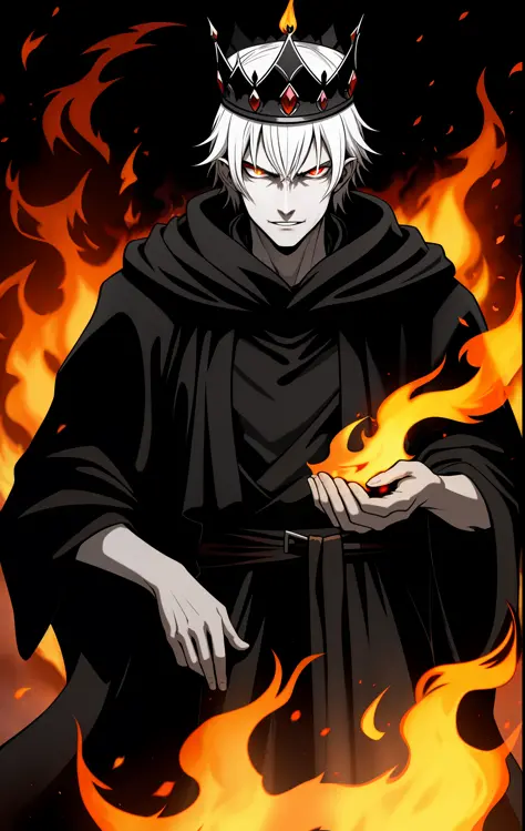 Lich, with half the face of a young albino man, with flames all around, evil look, dressed in black robe, with a crown