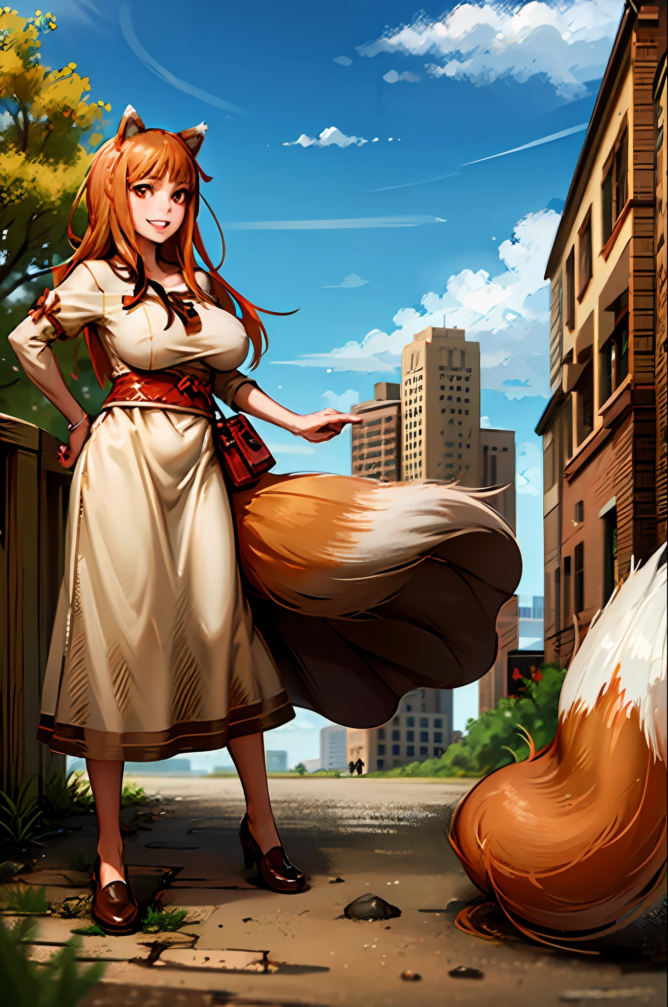 (holo:1.5), (holoBrownDress:1.5), masterpiece, best quality, absurdres, 1girl, looking at viewer, standing, cowboy shot, outdoors, medieval, cobblestone street, town, pouch, sash, smile, fruit, apple, basket,huge breast, curvy