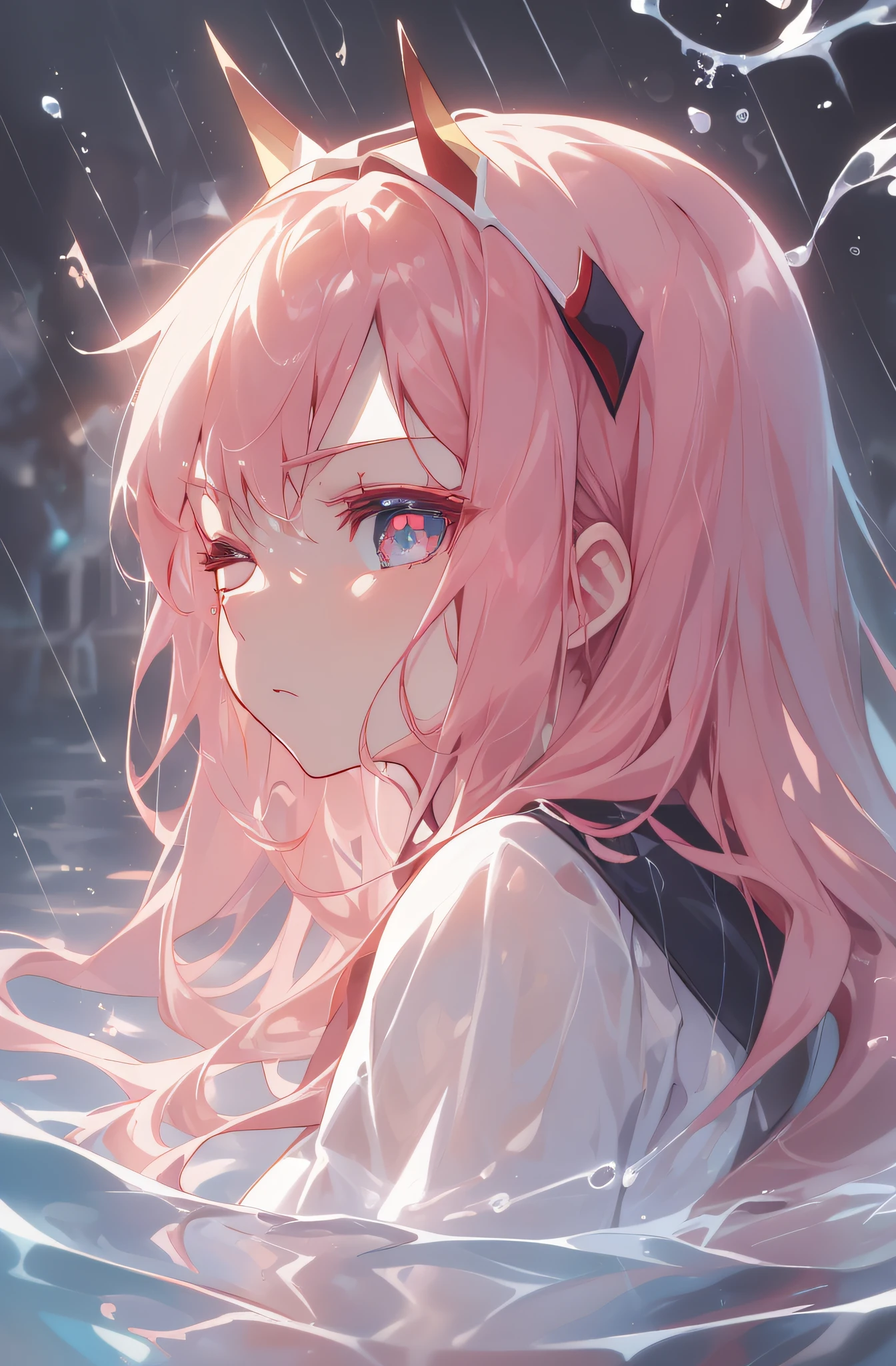 (Two-dimensional animation style: 1.4), (Japanese animation: 1.9), HD, (golden lighting: 1, 4), white skin, full picture bright, horn, (clear eyes), white sunlight, hair glowing (((falling rain: 1.2), sunlight, sun, waves, (water surface), close up, magnifying eyes, glowing eyes, long pink hair, clear eyes, eyes close-up, eye close-up, prayer, looking at the girl from the side, side, holy light, (transparent clothes), underwater, bubbles, (water divergence), (air flow divergence), serious 😠, eyes open, eyes closed