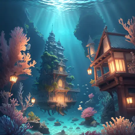 Underwater palace made out of crystal,  with blue lanterns, and blue torches, colorful coral around it, vibrant fish, dusk --auto