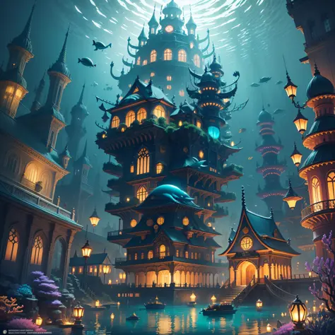 Underwater palace made out of crystal,  with blue lanterns, and blue torches, colorful coral around it, vibrant fish, dusk --auto