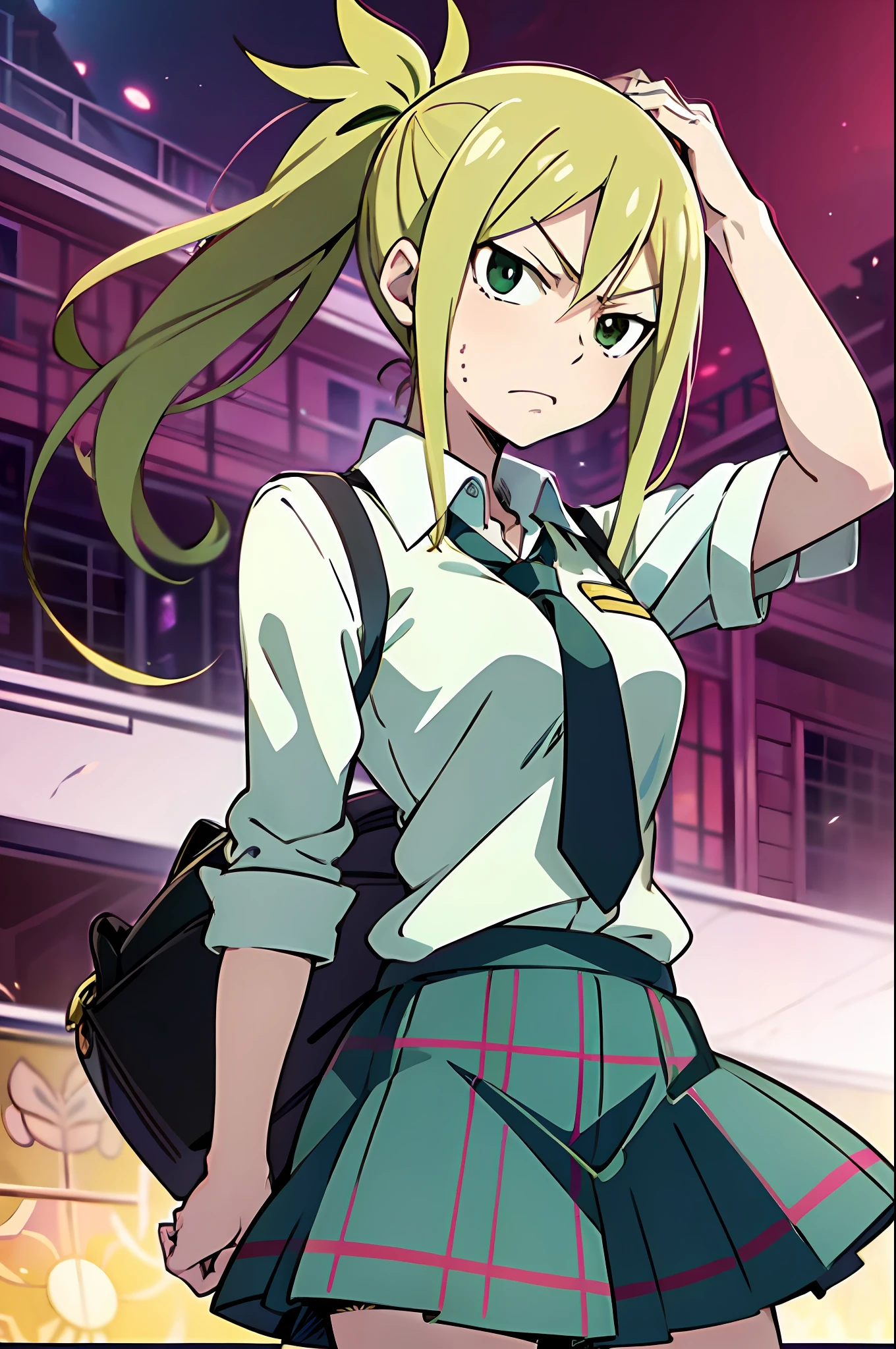 confused face, Schoolgirl attire, white blouse with yellow sweater vest, green striped tie, red plaid skirt, green eyes and ashy hair in a twin ponytail, (style of soul eater and fairy tail anime), (illustrated by Hiro Mashima and Atsushi Ohkubo), (style mixing), Lucy Heartfilia, Maka Albarn