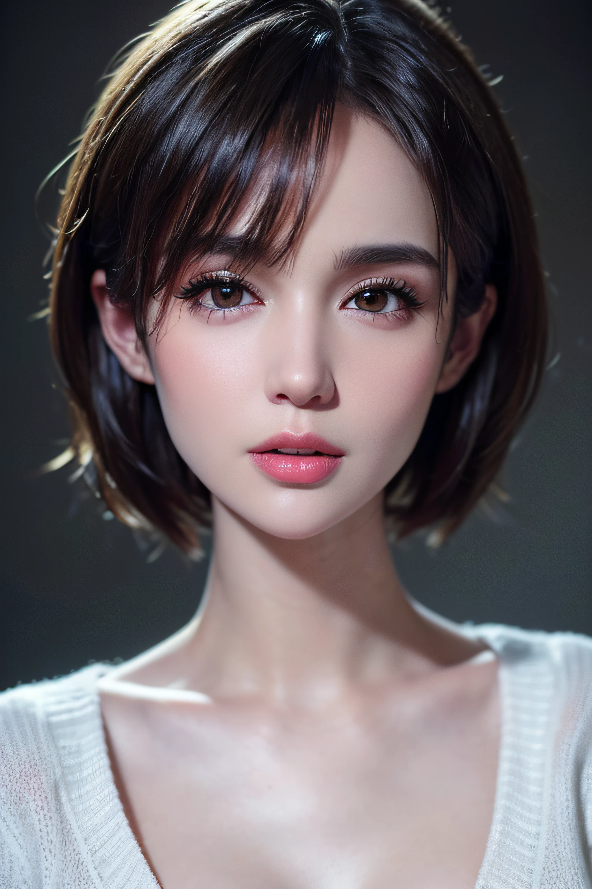 (masterpiece:1.3), (8k, photorealistic, RAW photo, best quality: 1.4), (1girl), beautiful face, (realistic face), (black hair, short hair:1.3), beautiful hairstyle, realistic eyes, beautiful detailed eyes, (realistic skin), beautiful skin, (sweater), absurdres, attractive, ultra high res, ultra realistic, highly detailed, golden ratio