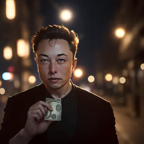 Award-winning portrait photo of Elon Musk's upper body holding money in hand eyes looking up (bokeh: 0.7), side lighting, teleph...