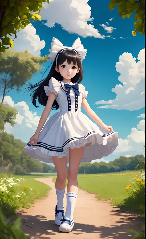 A delicate girl with a round face, upturned nose, big eyes, black hair, wearing Lolita, red Lolita shoes, white Lolita socks, ru...