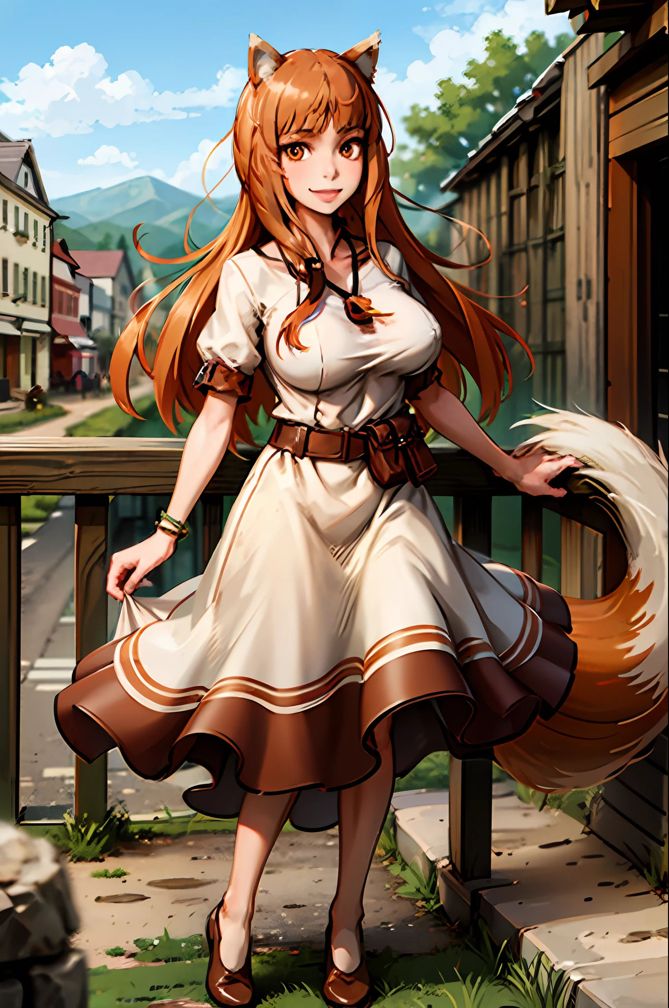 (holo:1.5), (holoBrownDress:1.5), masterpiece, best quality, absurdres, 1girl, looking at viewer, standing, cowboy shot, outdoors, medieval, cobblestone street, town, pouch, sash, smile, fruit, apple, basket,huge breast, curvy