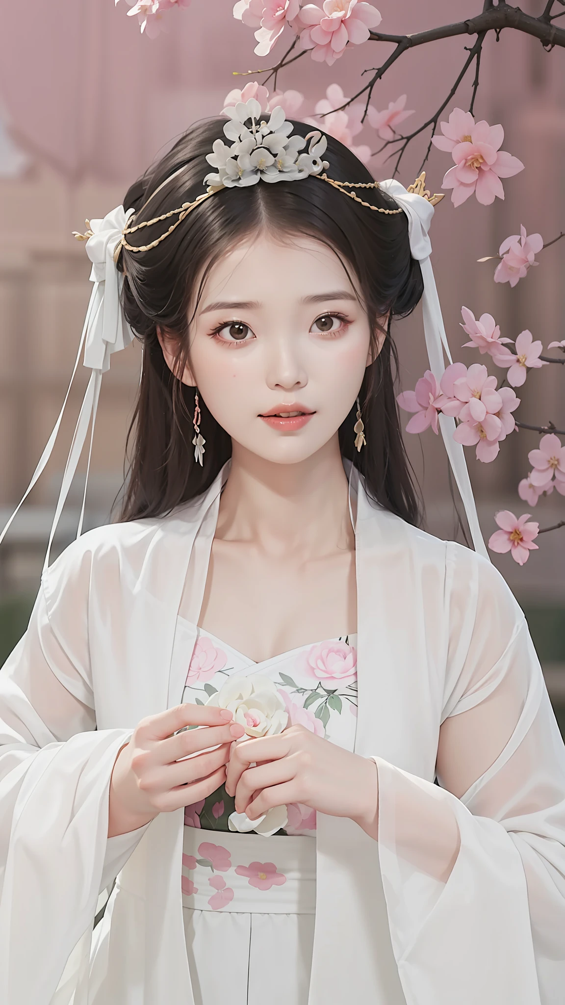 穿著白色連身裙和粉紅色花朵的女人的特寫, 宮 ， 一個穿著漢服的女孩, 中国公主, 中國古代美女, 空灵之美, ancient 中国公主, 美麗的幻想皇后, ((美麗的幻想皇后)), 传统美, 中式, 穿着中国古代的衣服, 美麗的唐朝渲染, 漂亮的中国模特, 白色漢服