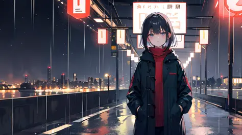 (Masterpiece, highest quality) 1girl, night city, rain, coat, hands in pockets