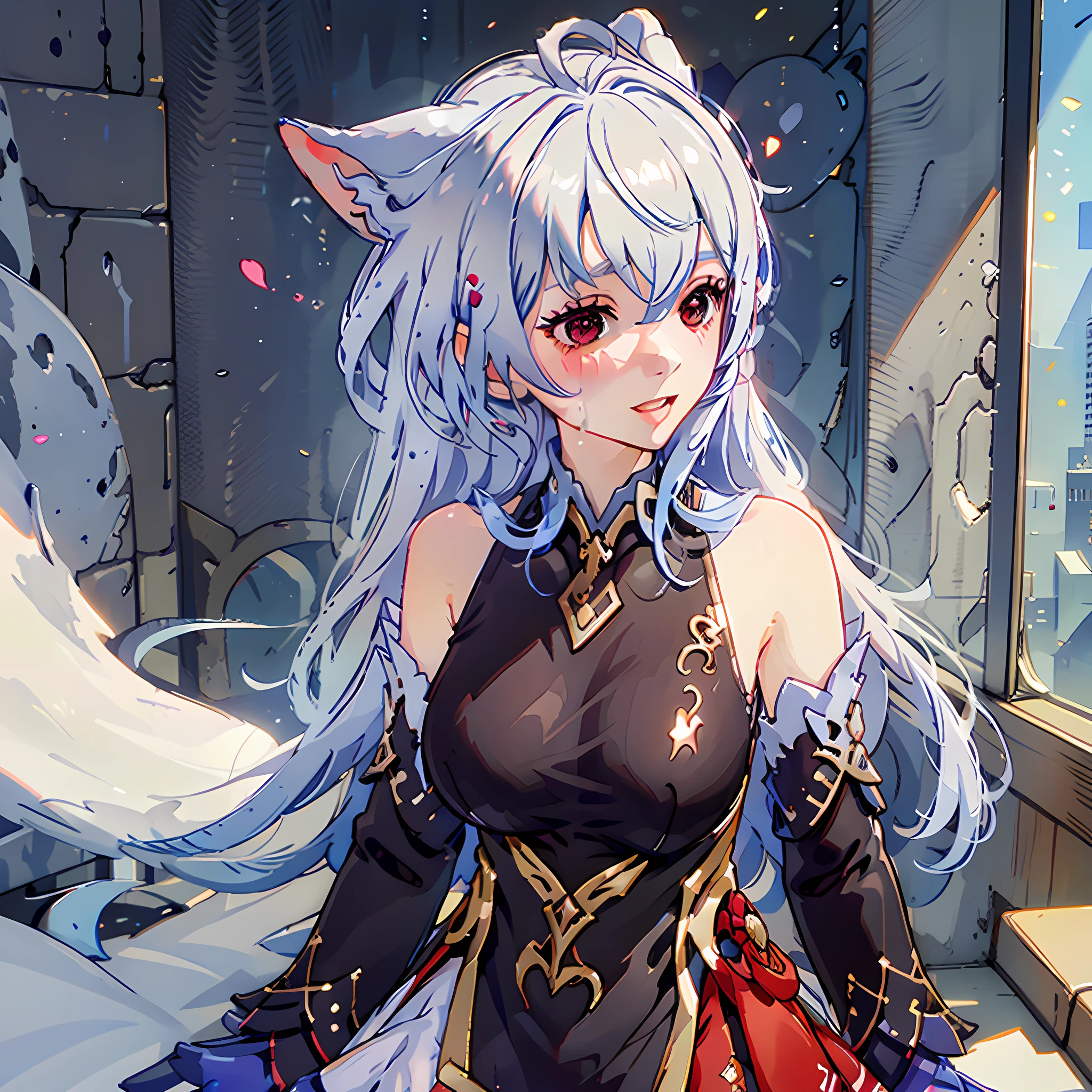 Long head and white hair, cute, red eyes, low cat ears, blushing, vaginal water, making sounds, panting, loli, white silk, skirt pulled up, leaking out of the lower body