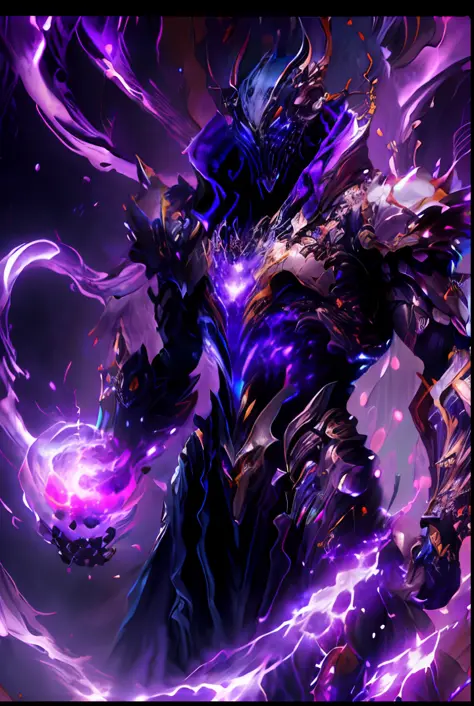 a picture of a man with a purple robe and a purple ball, purple glowing core in armor, league of legends character, nocturne from league of legends, trending on artstation.', league of legends arcane, splash art, aurelion sol, djinn man male demon, style o...