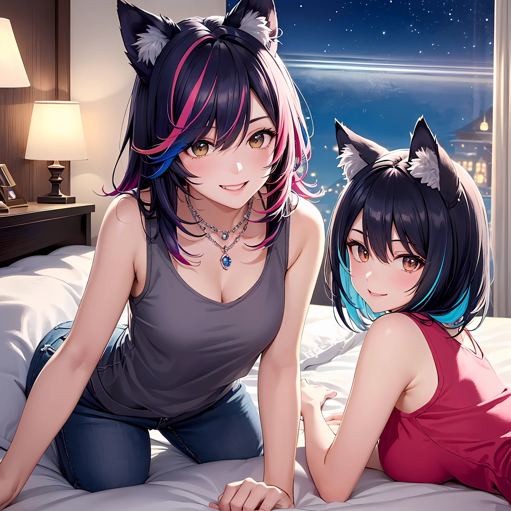 Close up, upper body, 1 girl, smile, wolf ears, wolf tail, random eyes: 10, hair between eyes, split color hair: 5, (((Colorful hair color: 1))))), (((Random hair color: 1)))), Colorful hairstyle: 5, Striped hair, Long hair, hair end jewels, (Cute random Cadeza tank top: 5 random hot pants figure in 5Cute interior with super luxurious bedroom with jewels, AI: 5, (on the bed: 15), laughing embarrassingly looking at the viewer: 15), jewels, AI super luxurious bedroom: 15), blush, night landscape,