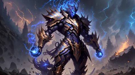 4K, Masterpiece, highres, absurdres,
edgThunderstruck, a male character with a blue and gold armor ,wearing edgThunderstruck_armor, electrified, weilding thunder