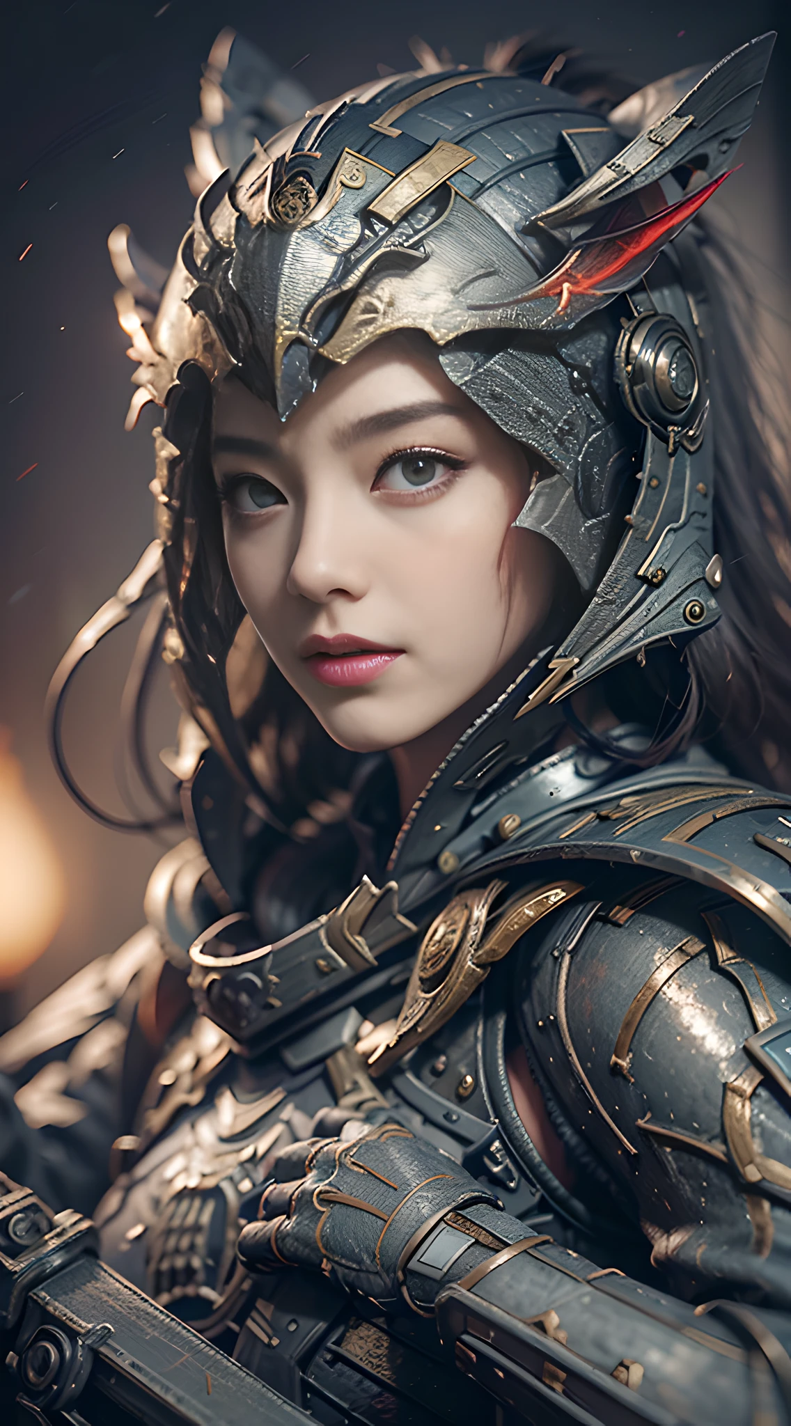 A Chinese Laughing Girl, Seven-Twin Shot, (Warframe: 1.2), (Cloak: 1.2), (Ancient Battlefield of the East: 1.2), (Weapon in Hand: 1.2), Vampire Fangs, Extreme Quality, Cg Unity 8k, Super Delicate, Background Bokeh, Full of Field Depth, HDR High Dynamics, Realistic Reduction, Intricacies, Extreme Details, Perfect Presentation of Midjourney Art Style. realistic, elegant, goddess, surrealism, high detail, supremacy, cinematic lighting, ray tracing, shadow, uhd, retina, masterpiece, ccurate, anatomically correct, textured skin, super detail, high detail, high quality, high quality, award-winning, best quality, high resolution, 1080P, 16k, 8k, 4K, HD