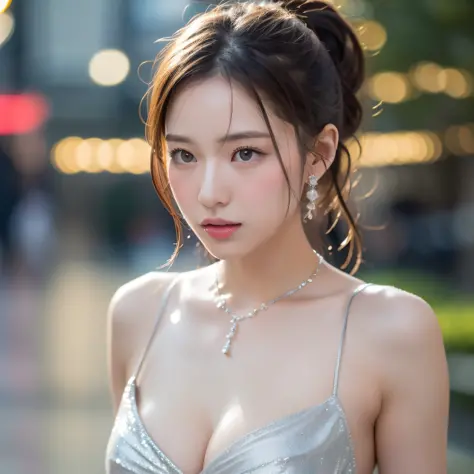 Random posture, (very delicate and beautiful work), (masterpiece), 1girl, girl in a silver dress, very detailed, waist leak, ponytail distortion, attractive appearance, beautiful clear eyes, green eye pupils, delicate necklace, delicate earrings, fairy ear...
