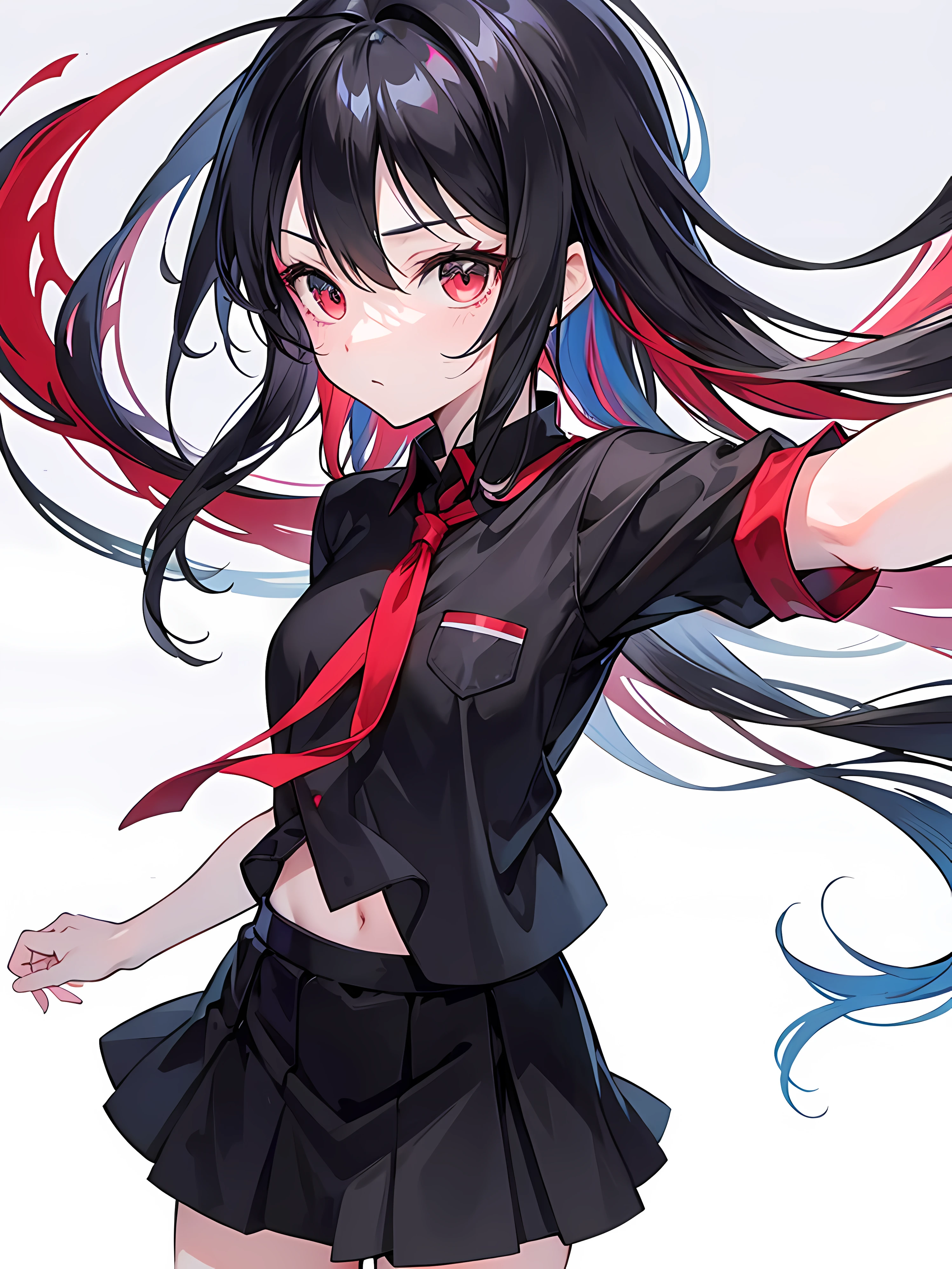 Anime girl with long gray black hair and black and white costumes, best anime 4k konachang wallpaper, kantai collection style, anime art wallpaper 8k, black long hair, black red, anime style 4k, long white hair, anime art wallpaper 4k, anime art wallpaper 4k, digital art on pixiv, anime girl with long black hair and black and white costume, Shi Tao's anime manga, pixiv competition winner, process art, best anime 4k konachang wallpaper, kantai collection style, anime art wallpaper 8 K, long black hair, black red, anime style 4 K, long white hair, ultra hd, (4k, masterpiece, best quality), shuimobysim, electronic, cyber, cool, maxiskit, dress open 1 cool girl, solo, brunette hair, long hair, black, look at the audience, tease, ((masterpiece, best quality)), (1 cooi girl), (solo) , (female focus), (ahoge, black and red hair, long hair), red eyes, (black shirt), (buttoned shirt)), ((black skirt), (short skirt)), standing, color background, bright color, gradient, colorful, behind arms, hand details, hand clear, hand complete, face detail, face close-up, eye HD, pupil clear, Detailed background