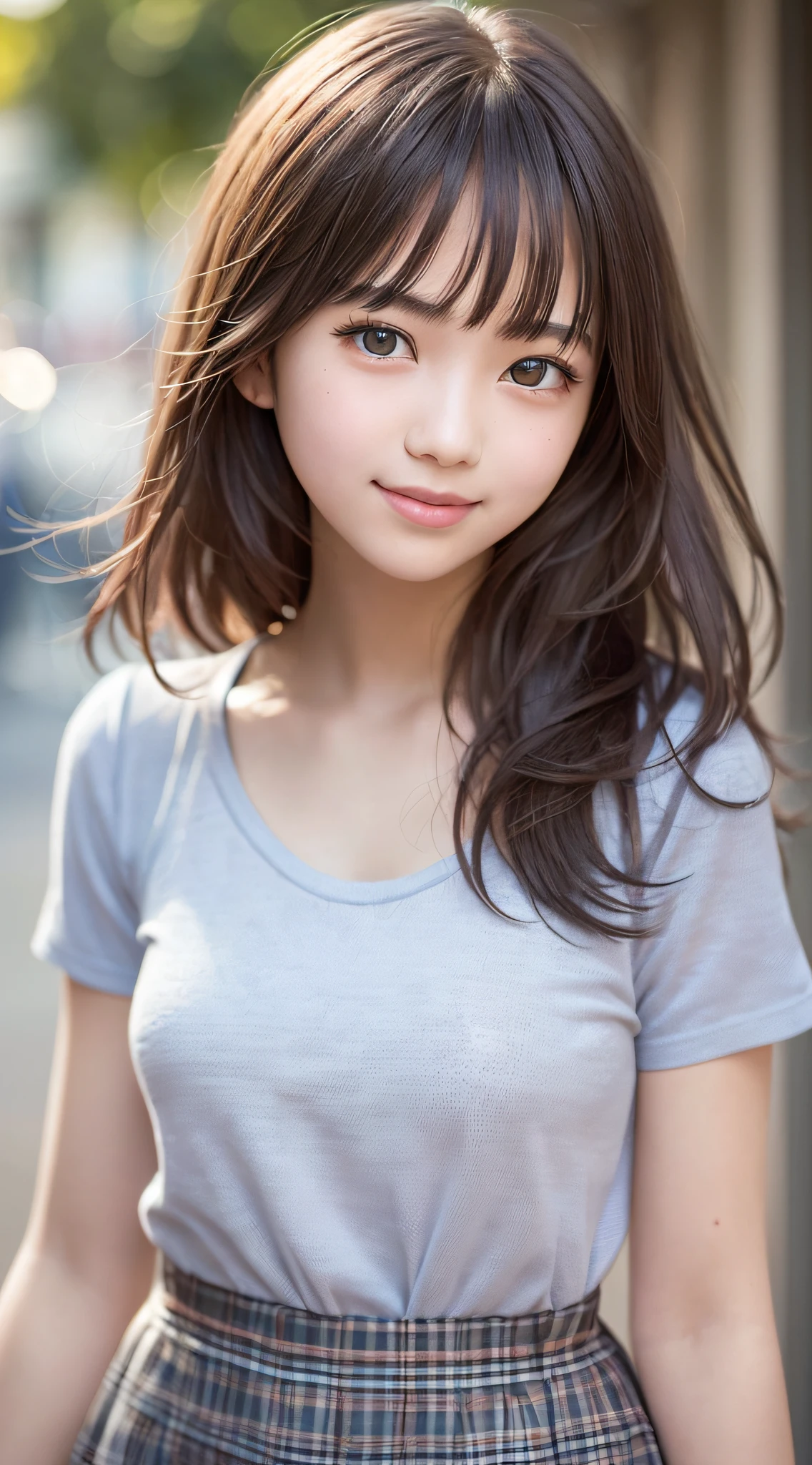 (crowded daytime city),masterpiece,best quality, ultra high definition,girl,slender,((Junior high school student))),(Okabo))),(Short sleeve blouse),((Beautiful hair and beautiful big eyes))),Smile,High contrast, (Photorealistic:1.4),Looking at camera,(Flash)