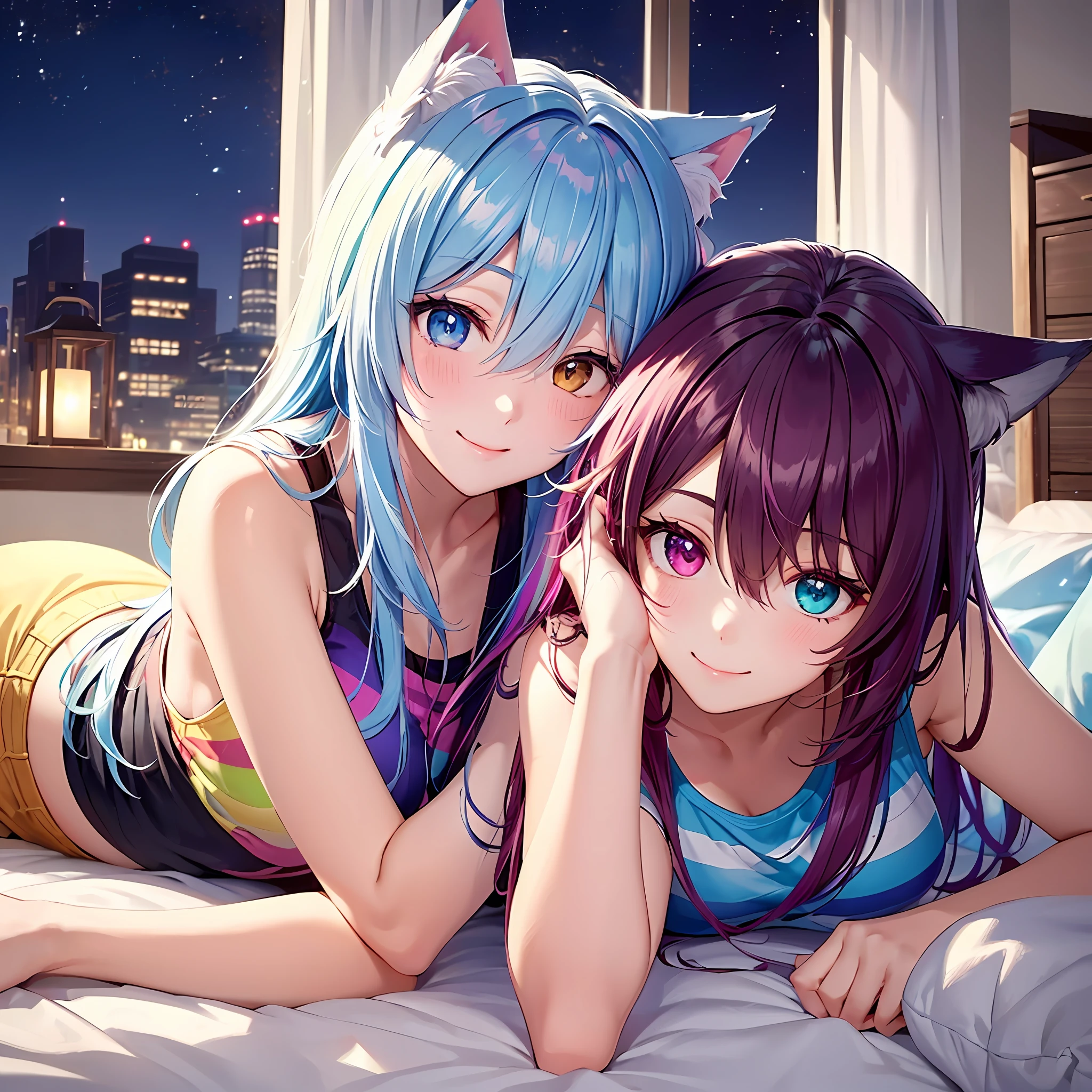 Close-up, upper body, 1 girl, smile, wolf ears, wolf tail, random eyes: 10, (heterochromia), hair between the eyes, split color hair: 5, ((((Colorful hair color: 1))))), (((Random hair color: 1)))), colorful hairstyle: 5, striped hair, long hair, hair end jewels, (cute random ((Cadeza : 1.5))) tank top: Random hot pants figures: 1.5: 15), super luxurious bedroom and cute interior: 5, (on bed: 15), lying down and embarrassing looking at the viewer, blushing, night landscape,