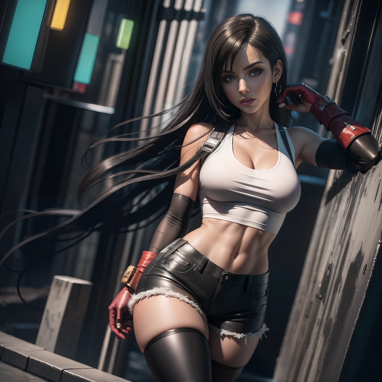 A masterpiece, Tifa Lockhart from final fantasy , perfect eyes, perfect body, wearing a white tank top, black shorts, black stockings, red boots, black gloves,  at a futuristic modern city, detailed and intrincicated, HD, bioluminicense, neons