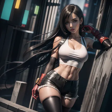 A masterpiece, Tifa Lockhart from final fantasy , perfect eyes, perfect body, wearing a white tank top, black shorts, black stoc...