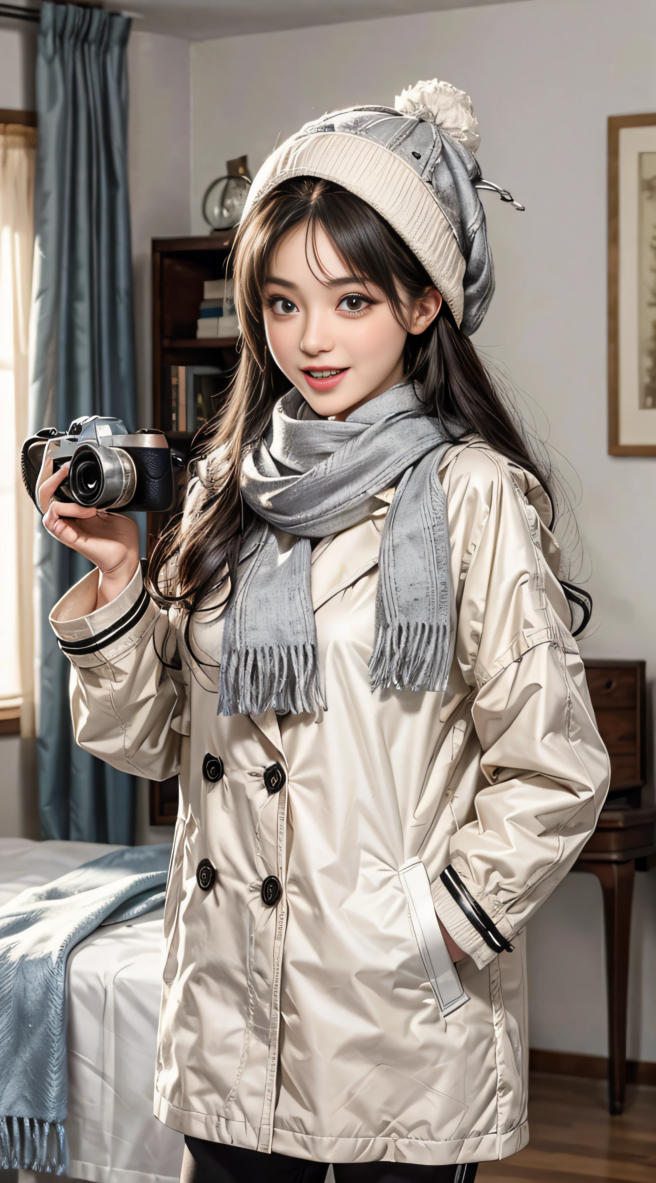 masterpiece, best quality,1 girl, solo, black hair, scarf, hat, real, looking at camera, black eyes, long hair, coat, winter clothes, white scarf, white teeth with mouth open, lips, bangs, indoors, in bedroom,