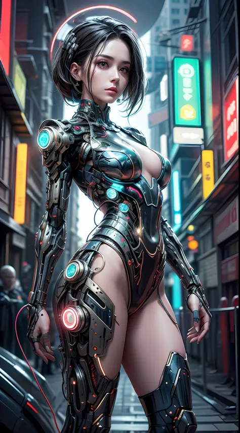 A woman, her body a fusion of organic and mechanical, a cyberpunk Ripperdoc with cybernetic limbs and augmented eyes that glow with neon lights, standing in the heart of a sprawling cyberpunk city, the streets bustling with hovercars and holographic advert...