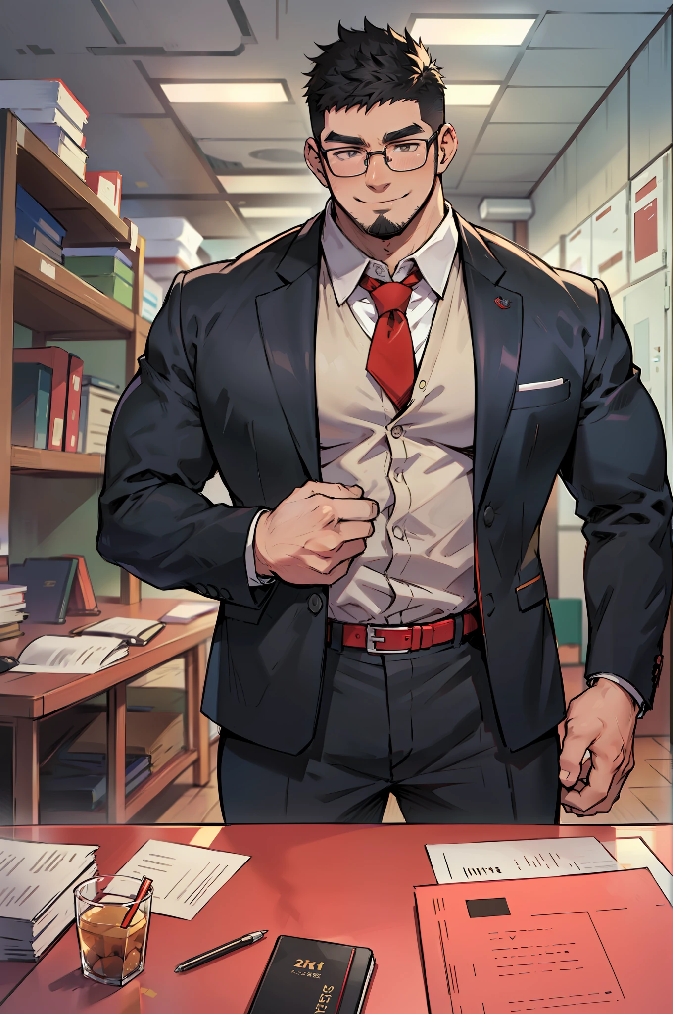4k, 杰作, 高分辨率:1.2, 1 名男子, 42岁, 独自的, 仅有的, 肌肉发达!!!, 真的很高, 大物理 (兽), 平头, 胡子, 黑发, 可爱的笑容, 友好的, 站在办公室里, 穿正式裤子, 穿着朴素的正式办公室衬衫, 戴红领带, 整洁的服装, 戴眼镜, 背景是楼上的办公室, 极其详细, 扁平风格, ((不