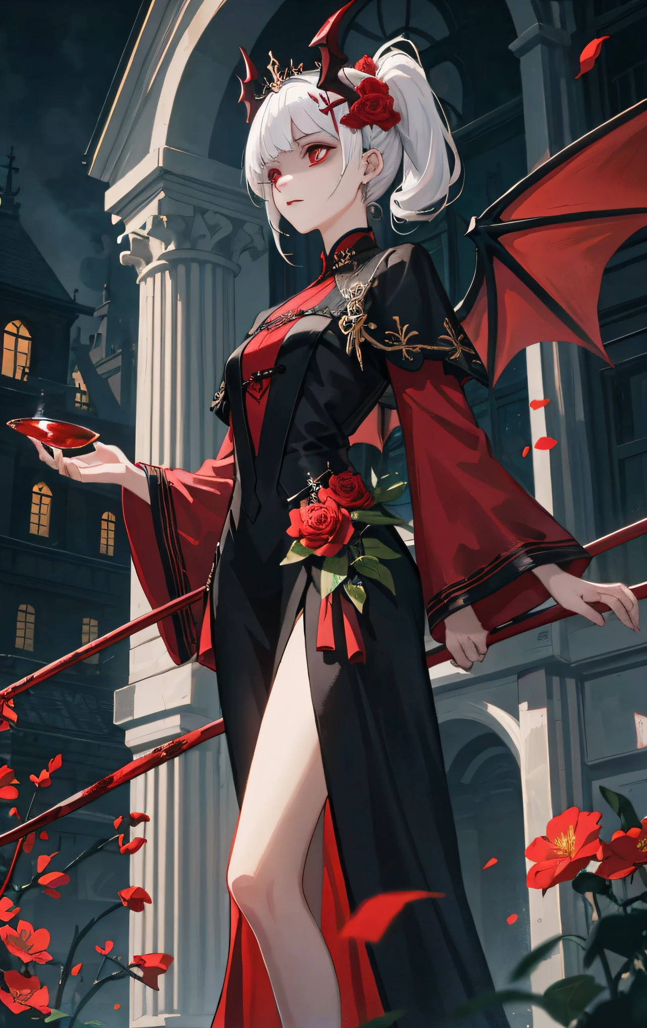 Black and red tones, cool tones, theme, (masterpiece), (best quality), (detail), light layer, lighting, light and shadow refraction, shiny skin, fair skin, 1 feminine, succubus, white hair, mature, slender figure, evening dress, (intricate details, demon wings, Flower hair ornaments: 1.2), seen from below, wizard hat, cane, cast magic, black hair, long hair, blunt bangs, hair strands, side hair, sideways, red eyes, blood, sickle, (lactation), side ponytail, outdoor, lake, architecture, complex background