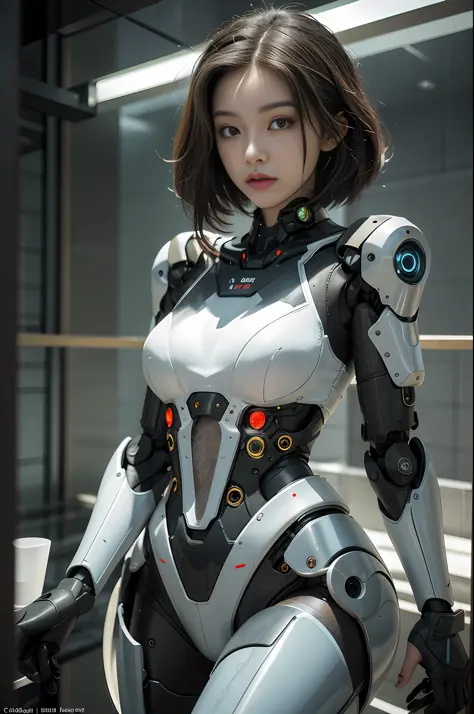 High quality, masterpiece, high image quality, 8K, in the high-tech world of cyberpunk, female robots and mechanical devices are...