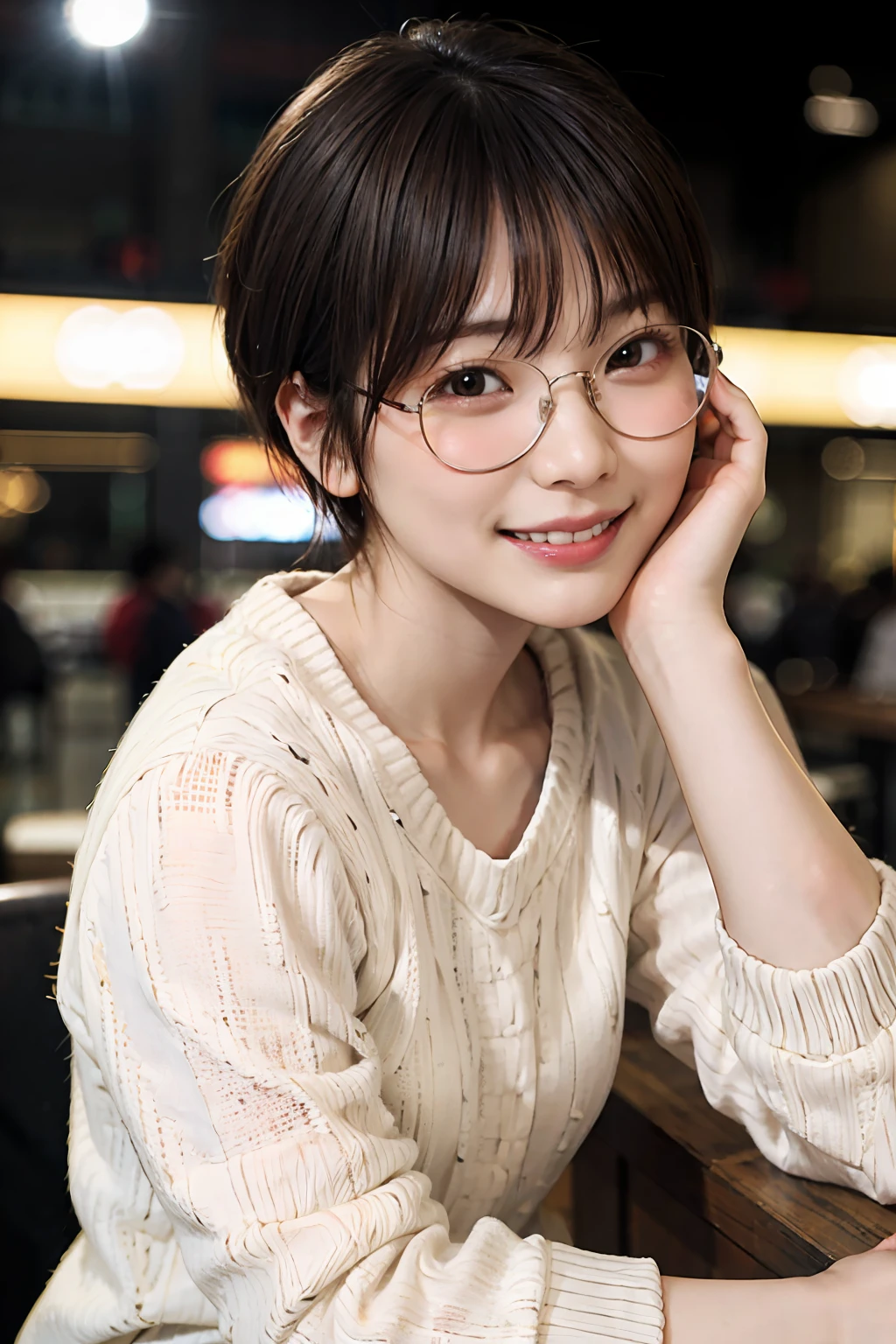 Japan girl in casual clothes in a shopping mall, looking at the viewer, posing with a smile (highest quality, masterpiece))), high resolution, very detailed, masterpiece, cinematic lighting, (8K, highest quality, masterpiece: 1.2), (realistic, photorealistic: 1.37) Hi-Res, Super Detail, 1 Girl, Woman with Glasses, Thin Frame Round Glasses, Light Colored Glasses Frame, asian, cute, cute face, solo, short hair 1.2, texture skin, beautiful smile, beautiful detailed sky, detailed café, night, movie lighting, depth of field, lens flare light, sitting, dating, (blushing), (smile: 1.15), small breasts (mouth closed), eyes with beautiful details, (sweater: 1.1), night, (short hair: 1.2), floating hair Nova Frog style,