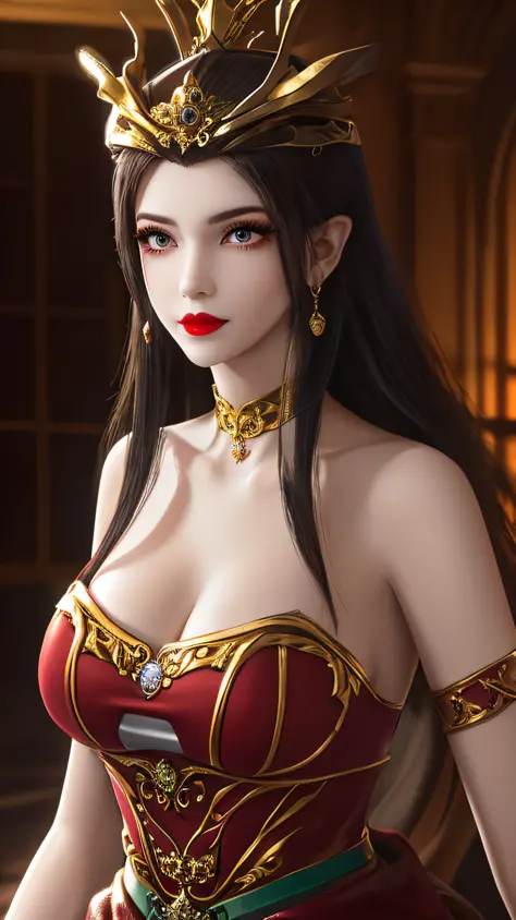 A beautiful queen, wearing a red antique dress with gold trim, beautiful face, long hair, a golden crown on her head, mysterious neck and hair jewelry, light red iris, round big eyes, thin and sharp eyebrows, every detail details meticulous and sharp eyela...