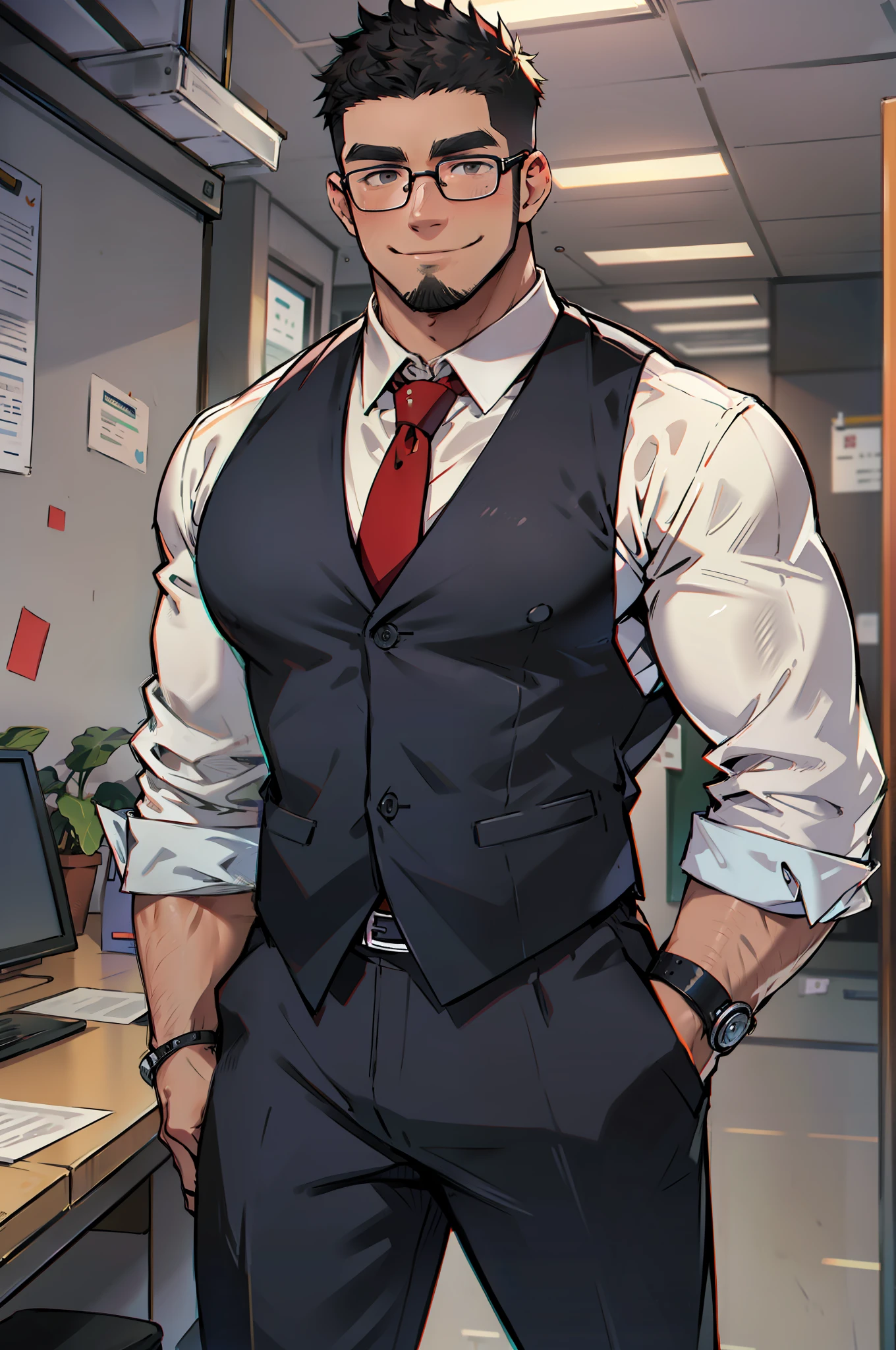 4k, masterpiece, high resolution:1.2, 1 man, 42 year old, solo, bara, muscular!!!, really tall, big physique (beast), crew cut hair, facial hair, black hair, cute smile, friendly, standing in an office, wearing formal trousers, wearing plain formal office shirt, wearing red tie, tidy outfits, wearing glasses, upstairs office in the background, ultra detailed, flat style, ((no