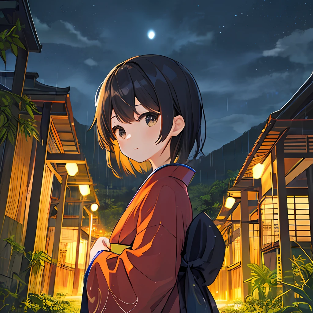 (masterpiece, best quality), Cute girl, (Cute:1.1), Little girl, Red kimono, Short hair, Black hair, Looking at the sky, Bamboo forest, Rain, Long hair, Night sky