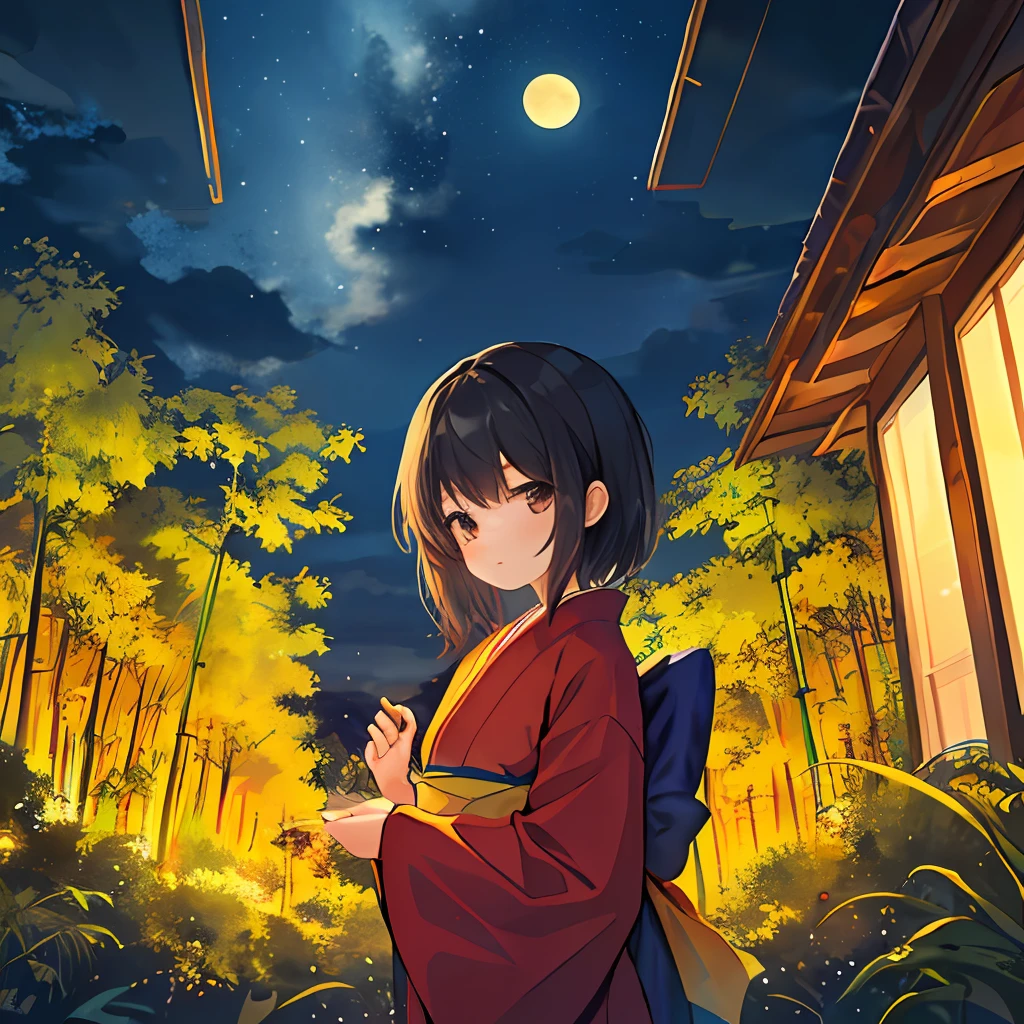 (masterpiece, best quality), Cute girl, (Cute:1.1), Little girl, Red kimono, Short hair, Black hair, Looking at the sky, Bamboo forest, Rain, Long hair, Night sky