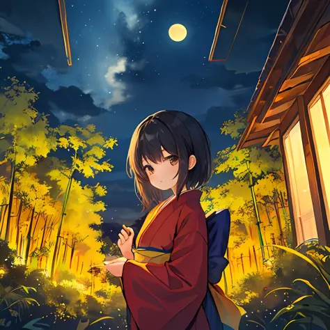 (masterpiece, best quality), Cute girl, (Cute:1.1), Little girl, Red kimono, Short hair, Black hair, Looking at the sky, Bamboo ...