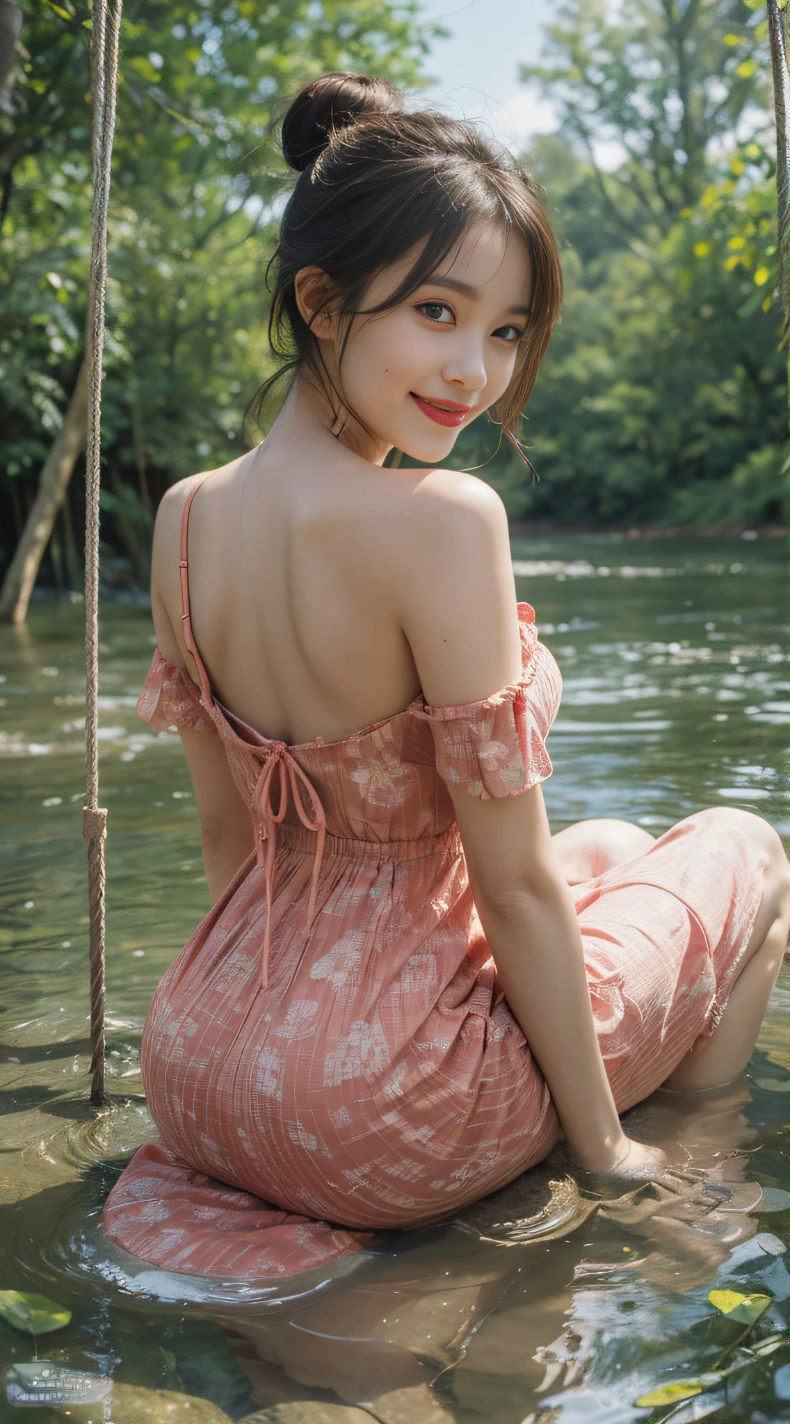 1girl,solo,full body,sitting,(swing:1.3),brown hair,bare back,(red Long Dress:1.2),backless dress,jewelry,(smile:1.3),shy,blush,Sexy,hair bun,plant,(flower:0.7),from behind,back,red lips,water,scenery,reflection on the surface of the water,(8k, 4k, best quality, highres:1.1),realistic,photorealistic,magazine cover,(illustration),(masterpiece),detailed,clear sharp focus,cinematiclighting,(realistic, photo-realistic:1.1),beautiful face,intricate,highly detailed,digital photography,(masterpiece, sidelighting, finely detailed beautiful eyes:1.2),hdr,physically-based rendering,professional lighting,汉服,唐风