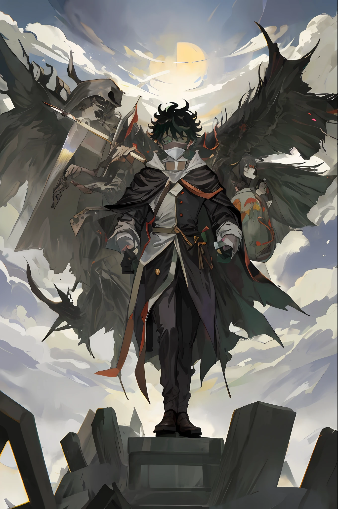 Izuku Midoriya se encuentra en lo alto de una colina de lápidas., Envuelto en una túnica oscura y una máscara de médico de la peste, una guadaña en una mano y una luna carmesí en la otra.